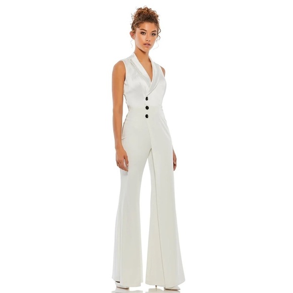 Mac Duggal 26603 NWT ASYMMETRICAL SLEEVELESS FAUX TUXEDO JUMPSUIT - Picture 1 of 7